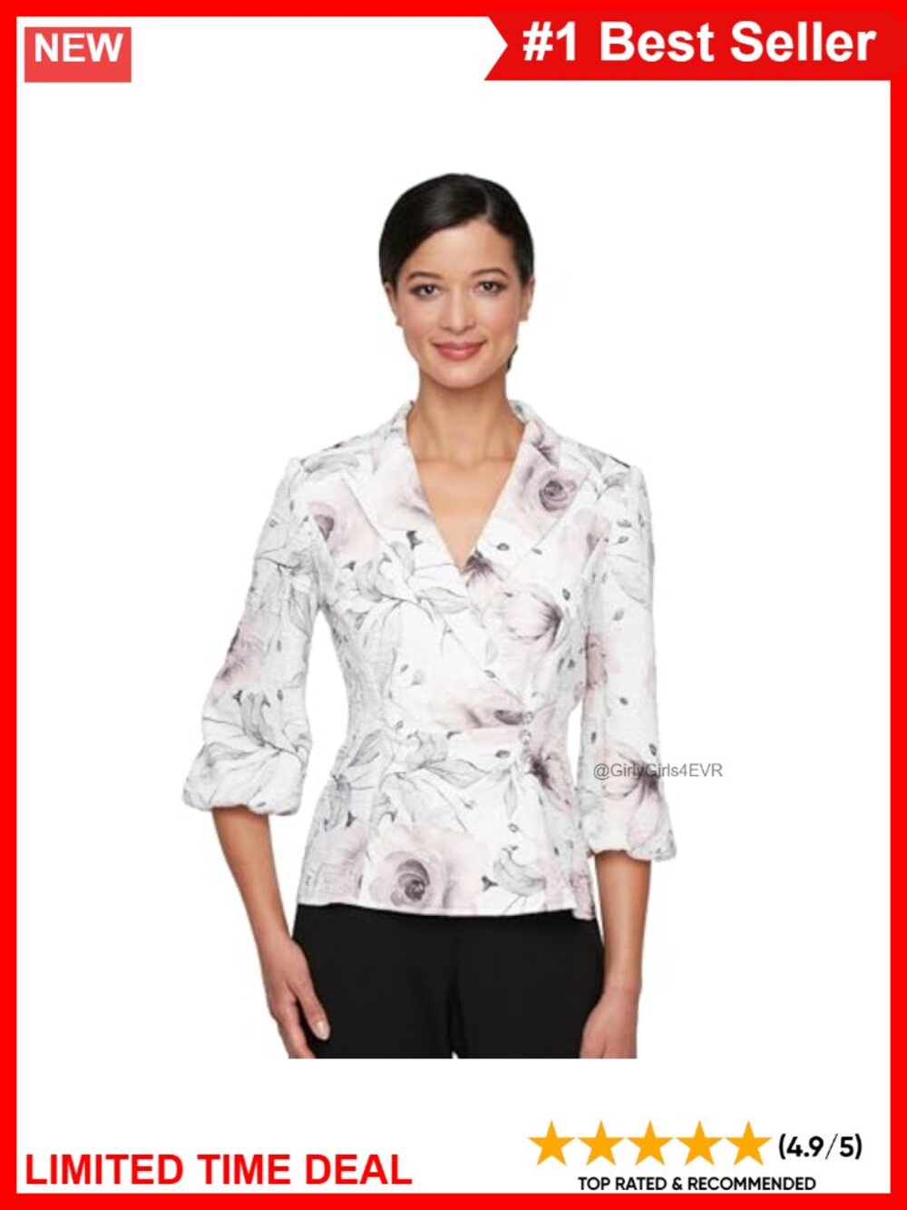 3/4 Sleeve Printed Stretch Jacquard Collared Blouse Side Close